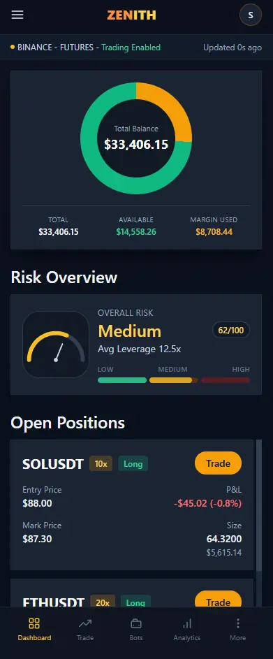 ZENITH mobile dashboard showing account and position summary information