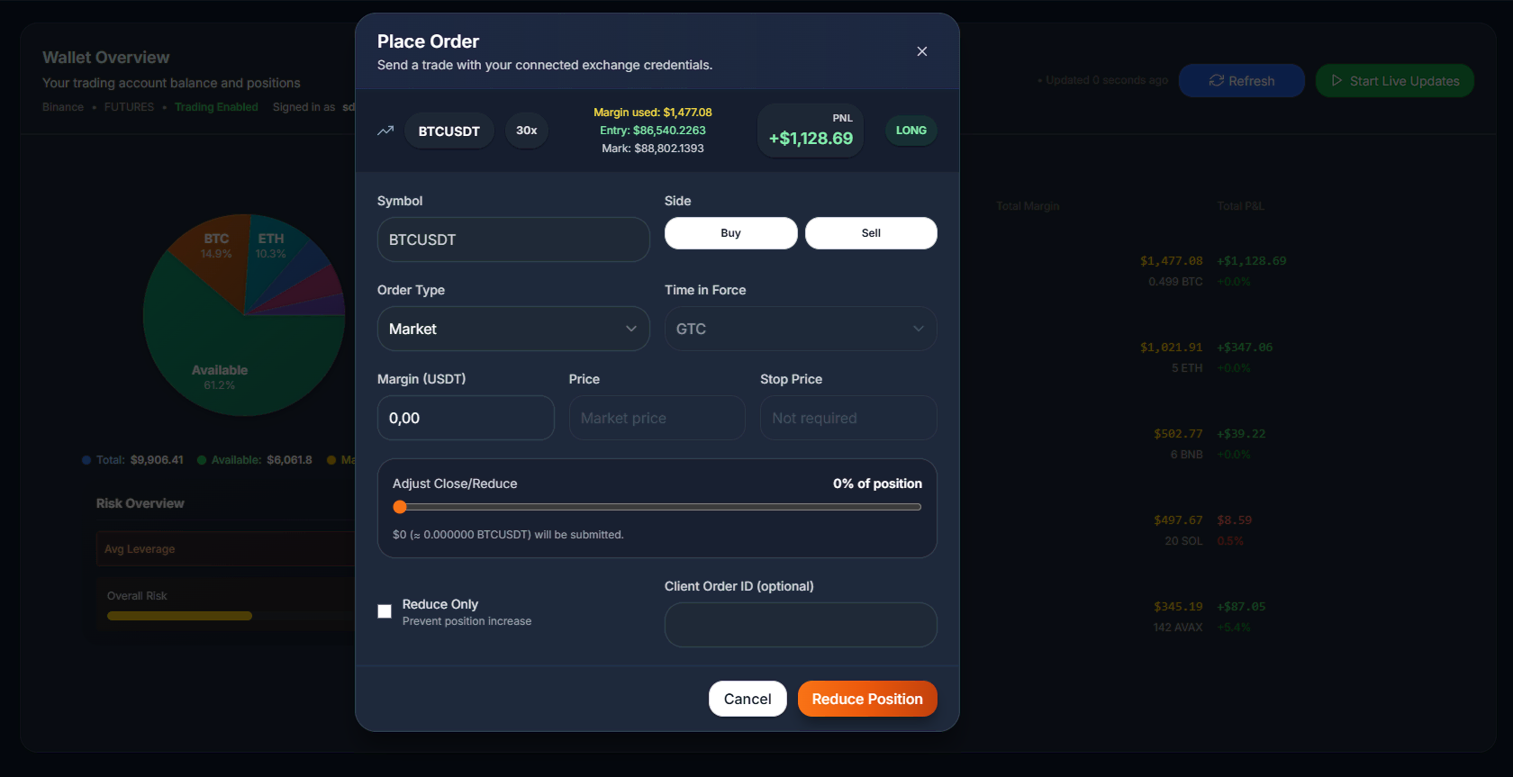ZENITH trade order modal with order controls and risk summary
