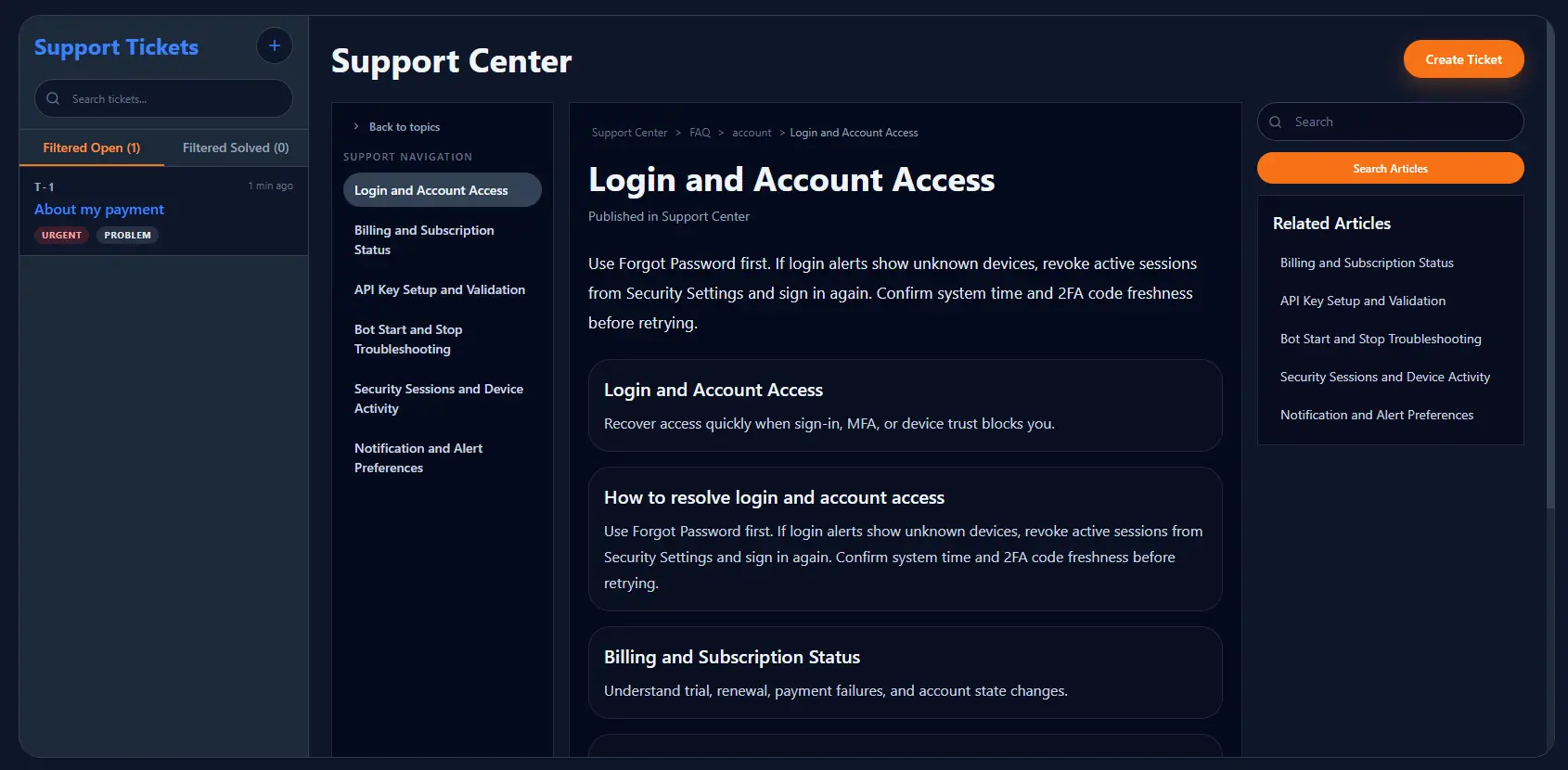 ZENITH support and FAQ desktop screen with searchable help center